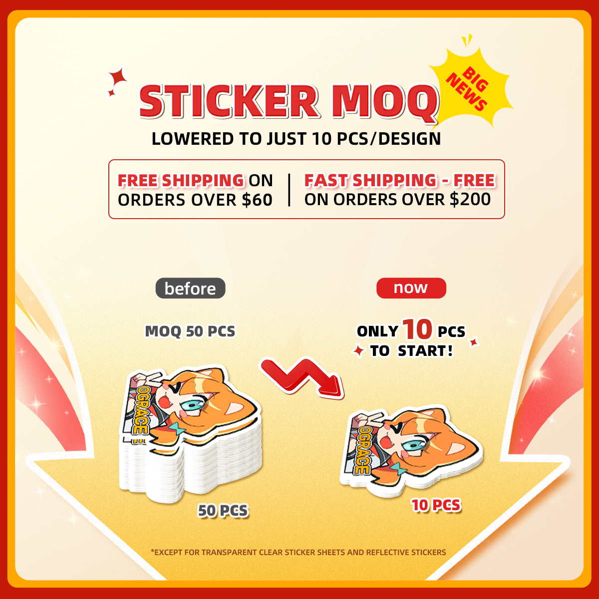 Lower MOQ Alert! Custom Stickers Now Start at Just 10 Pieces – Plus $5 Off Your Order!