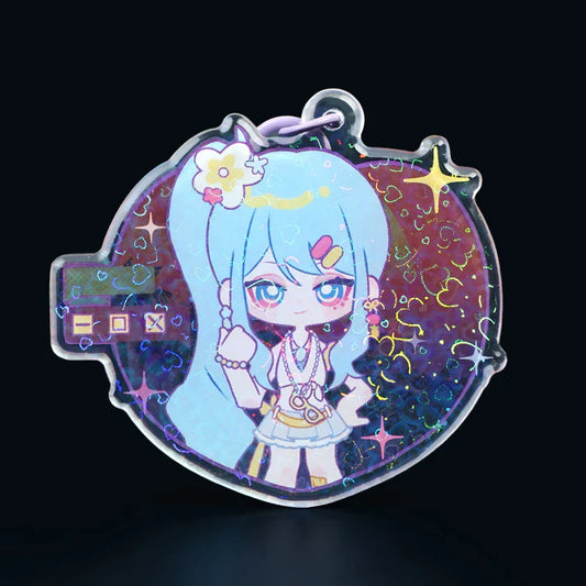 Custom acrylic keychain with holographic anime girl character, blue hair, and decorative glitter.