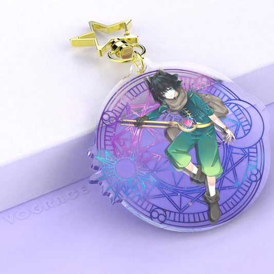 Custom acrylic keychain with anime character, magic circle background, gold star clasp