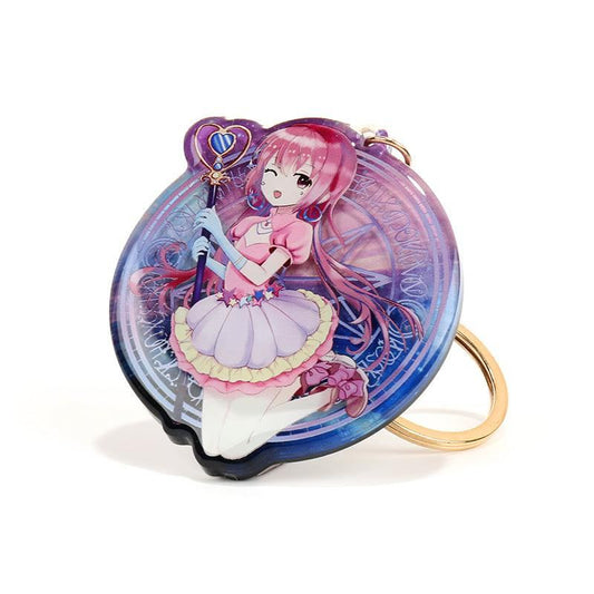 Custom acrylic keychain featuring a colorful anime girl with pink hair and magic staff