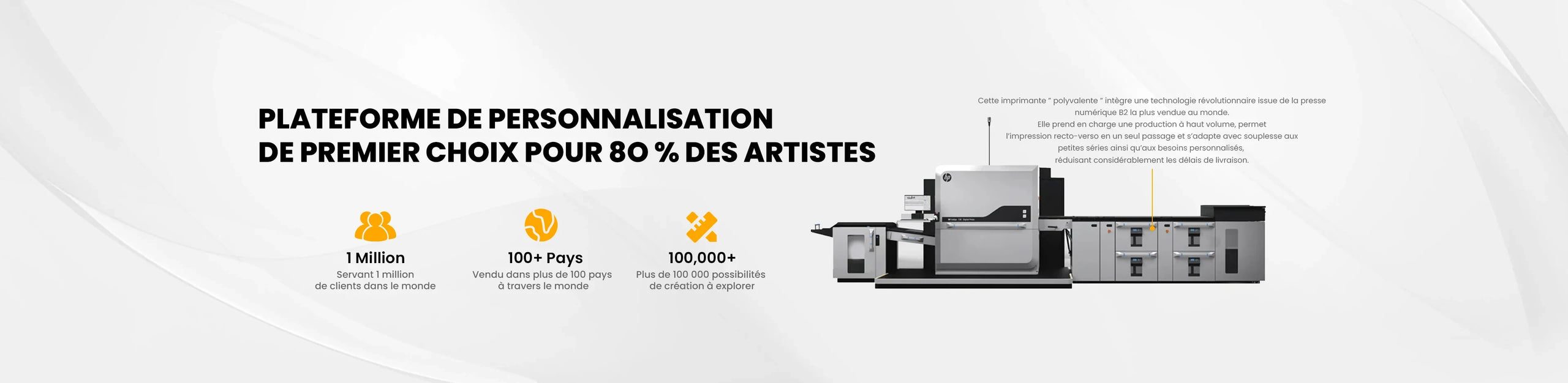 Digital printing machine with French text highlighting custom merchandise platform features