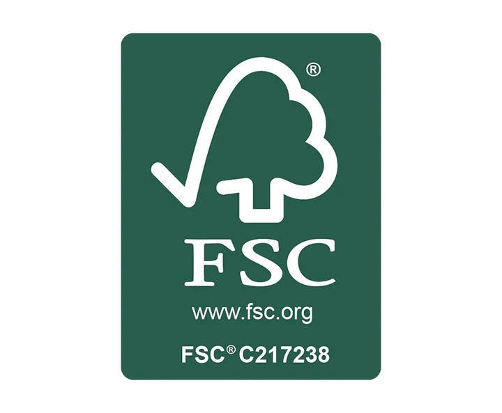 FSC certification logo with tree icon, white text, green background, sustainable products symbol.