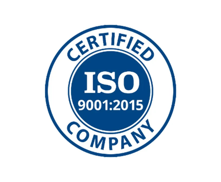 Blue and white ISO 9001:2015 certified company badge symbol on a white background