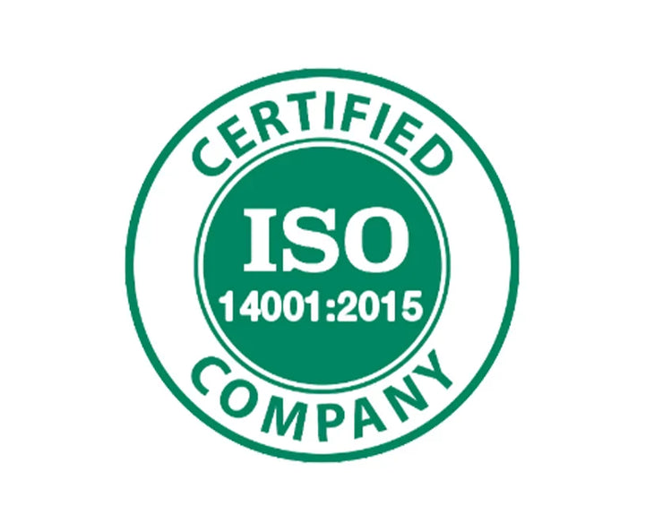 Green ISO 14001:2015 certified company badge, environmental management standard logo