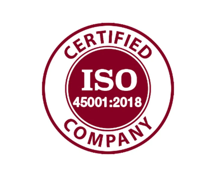 ISO 45001:2018 certified company badge, occupational health and safety certification logo
