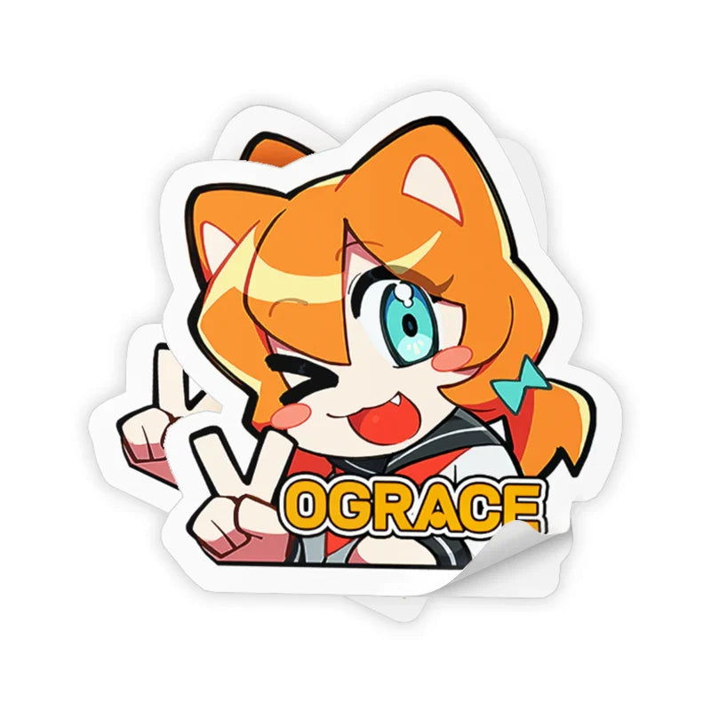 Cute anime girl cat ears sticker with orange hair, winking face and V sign, text "VOGRACE"