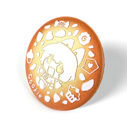Custom round 3D glitter holographic button pin with cute anime cat design and cookie motif.