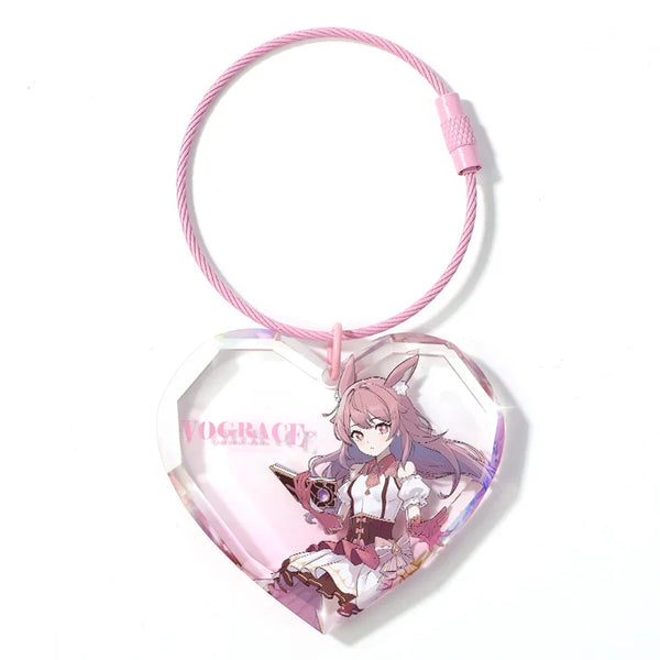 Heart-shaped acrylic keychain with anime girl, pink rope, perfect for anime merch and collectibles
