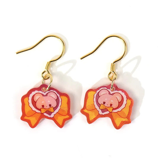 Custom acrylic earrings with cartoon bear and yellow bow, gold hooks, anime style jewelry