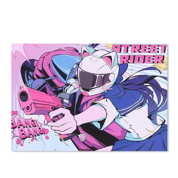Anime-style art print featuring a cat-ear helmet rider in blue with pink toy gun and bold text.