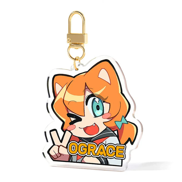 Custom clear acrylic keychain featuring a winking anime-style cat girl with orange hair and peace sign