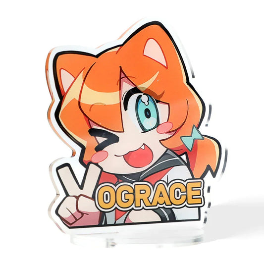 Acrylic standee of anime cat girl with 'OGRACE' text, cute character design for anime merch
