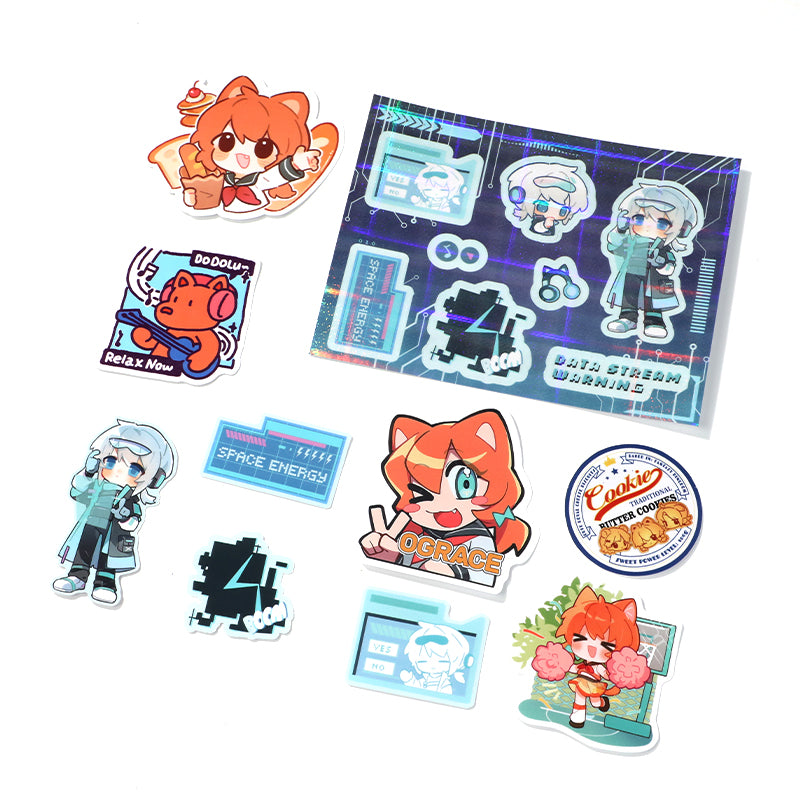 assorted custom coated paper stickers with anime characters, digital motifs, and cookie label