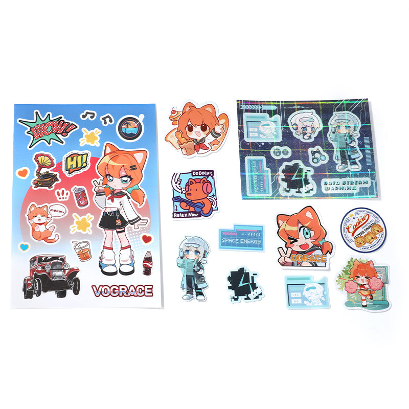 Custom coated paper stickers featuring colorful anime-style characters, retro items, and playful icons.