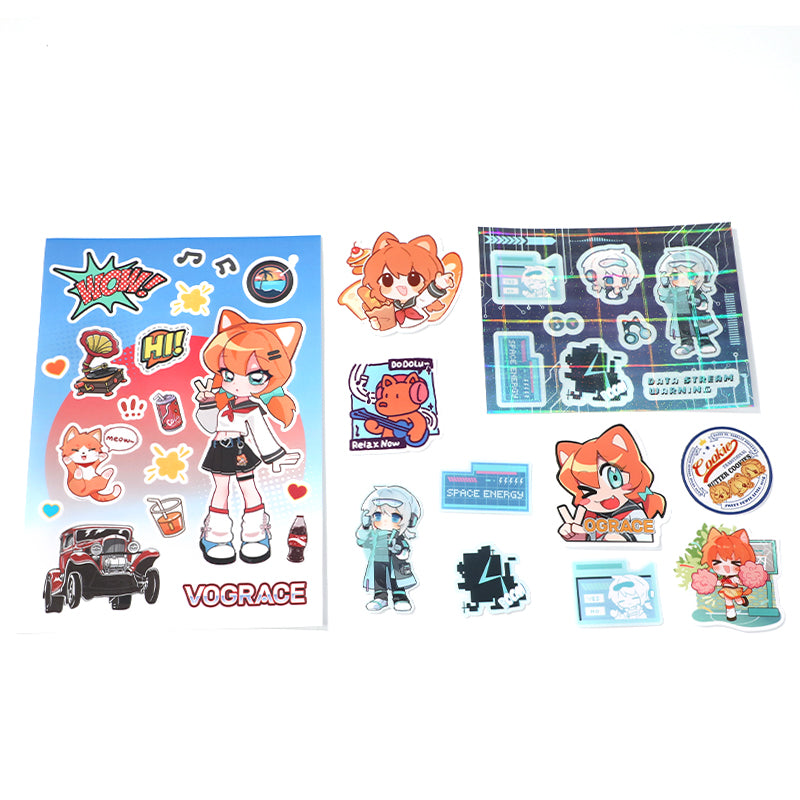 Assorted custom coated paper stickers featuring anime characters, cartoon cats, and colorful designs.