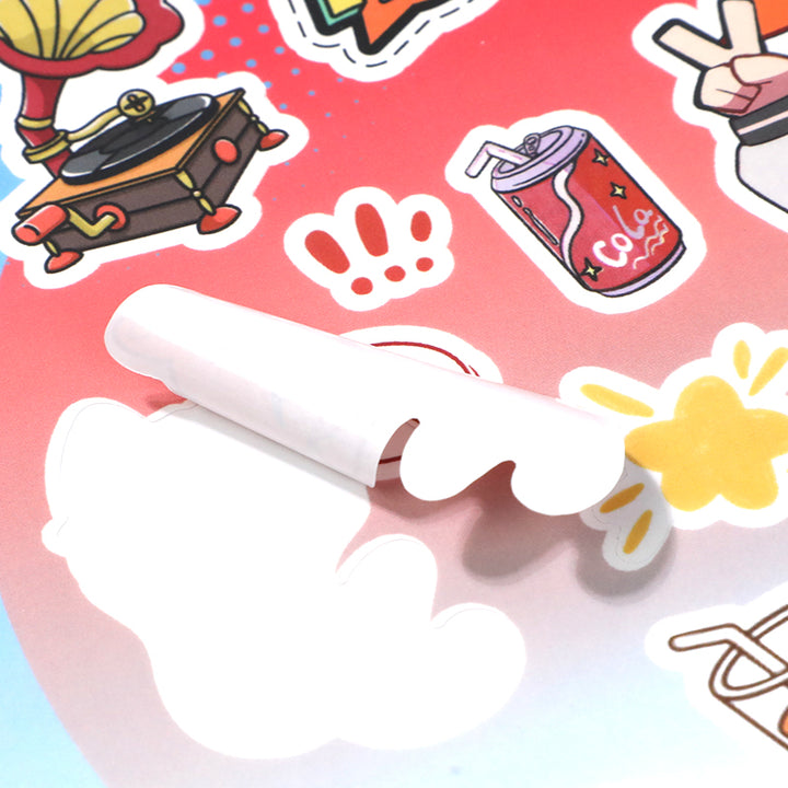 Custom coated paper stickers with colorful cartoon designs on a gradient background