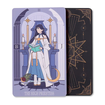 Custom cold foil stamped tarot cards, featuring The High Priestess design with ornate details.