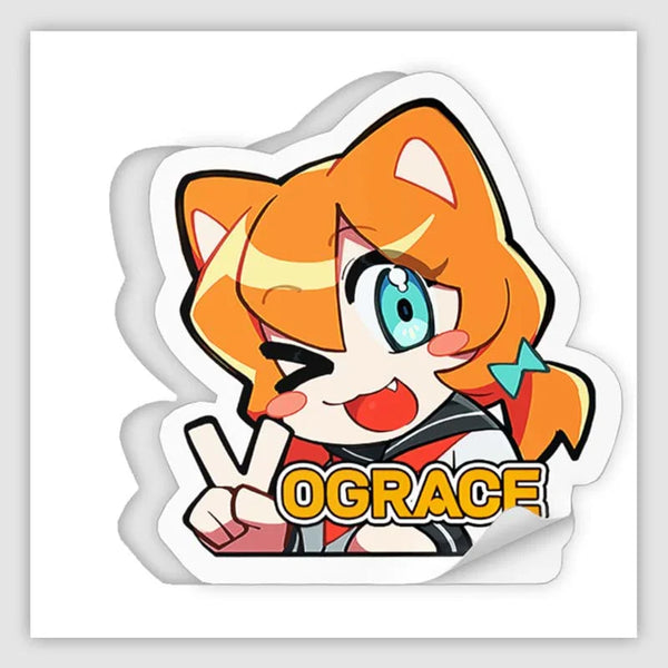 Custom die-cut anime sticker with an orange-haired cat girl, peace sign, and bold text.