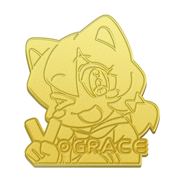 Custom die struck gold pin featuring a cute anime cat character holding a peace sign