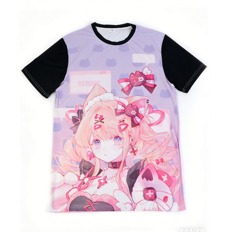 Custom anime girl print quick dry t-shirt with black sleeves and kawaii pastel design