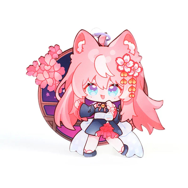 Custom anime acrylic keychain with pink fox girl, floral hair decorations, and vibrant colors