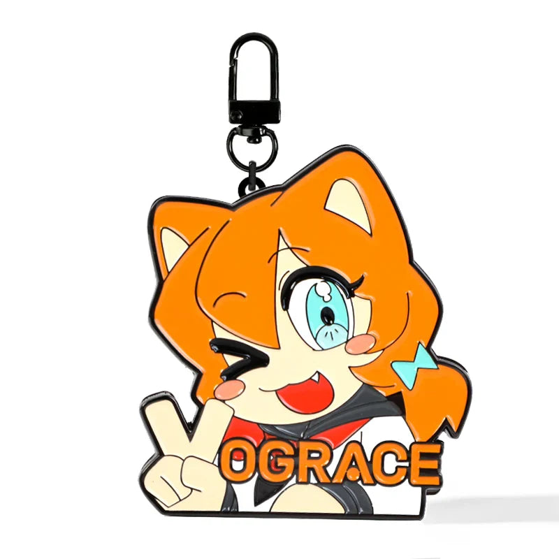 Custom metal enamel keychain featuring cute orange anime cat character holding peace sign
