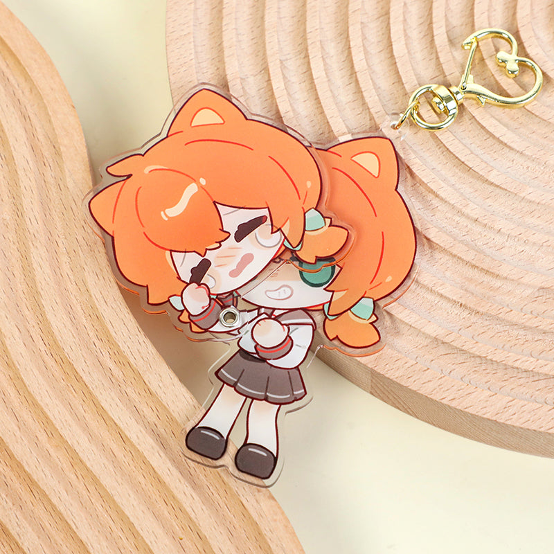 Custom multi-layer acrylic keychain featuring an orange-haired anime girl in a school uniform.
