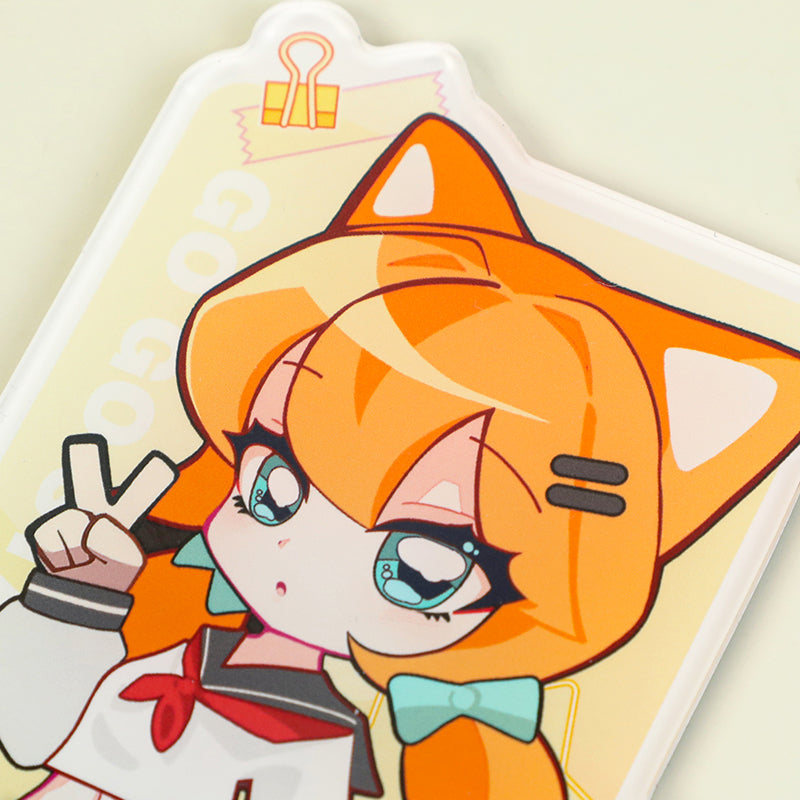 Custom acrylic fridge magnet with orange-haired anime girl, fox ears, and peace sign pose