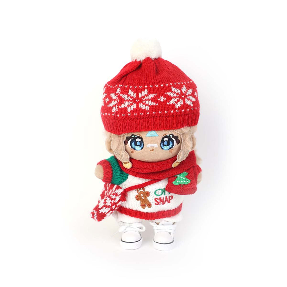 Custom plush doll with blue eyes, red knit hat, sweater, and festive scarf