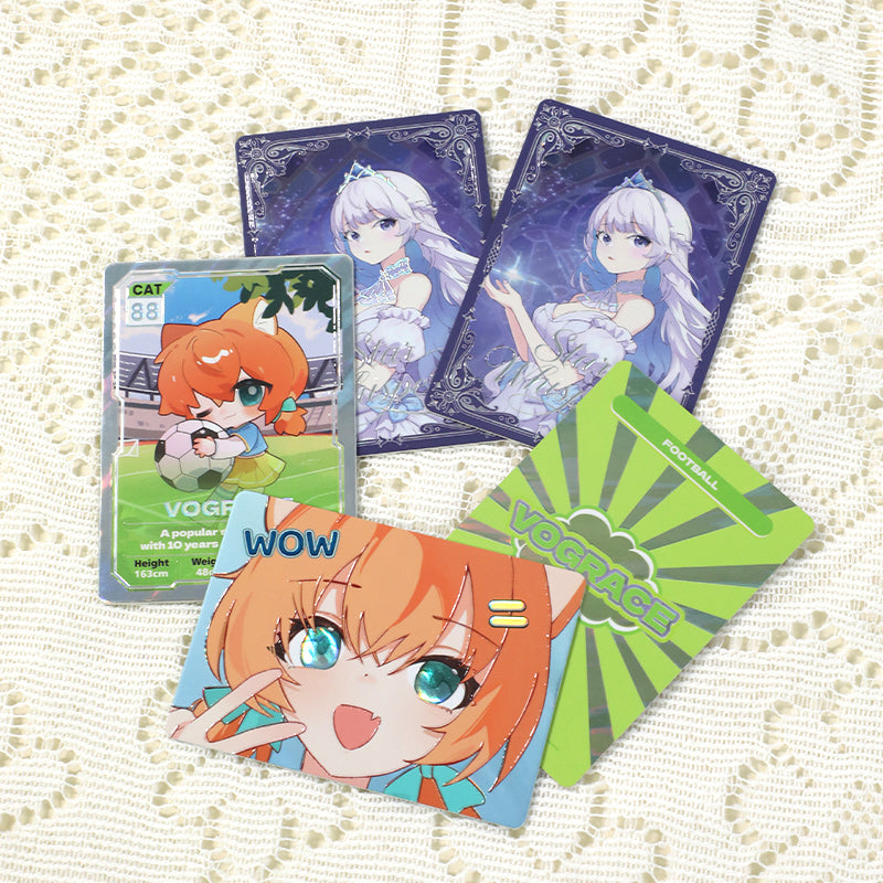 Custom anime trading cards with foil stamping and duplexed designs on lace background