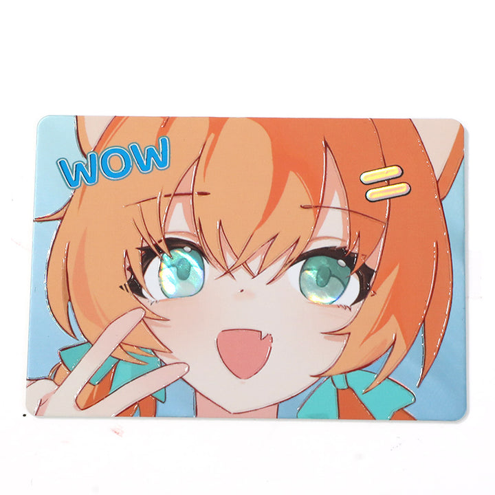 Custom raised foil anime character card with orange hair, blue eyes, and peace sign gesture.