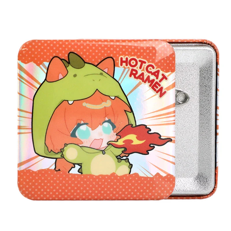 Square glitter button pin with cute anime cat character, raised foil stamping, flame design