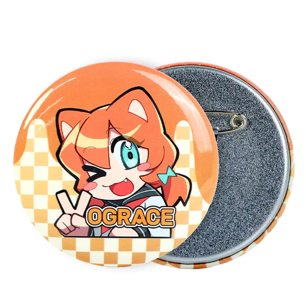Custom round button pin with anime-style cat girl, checkered orange background, peace sign