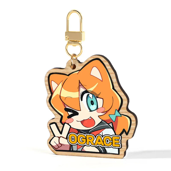 Custom synthetic wooden keychain with anime cat girl design and gold clasp