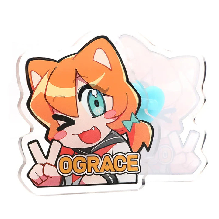 Custom clear acrylic pin featuring a winking anime girl with cat ears, orange hair, and peace sign