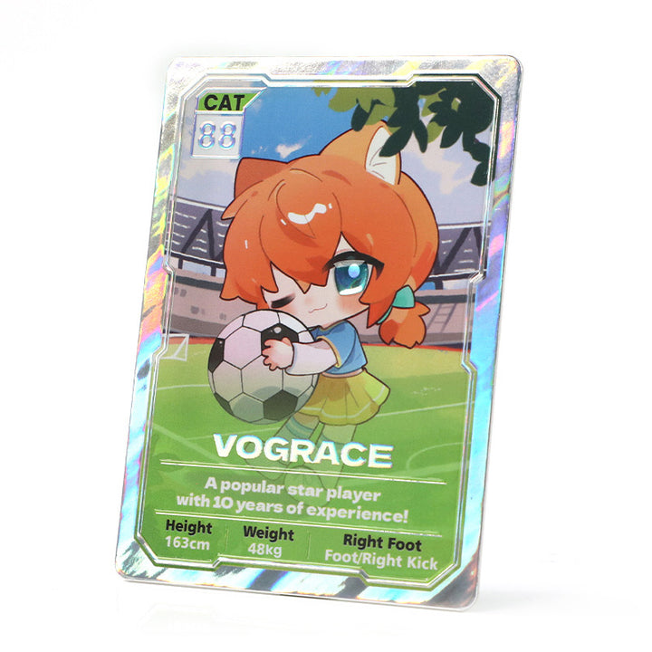 Holographic custom trading card with anime cat character holding soccer ball, foil finish.