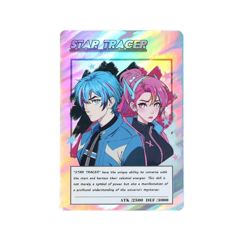 Custom holographic trading card with anime characters, colorful foil background, and game stats