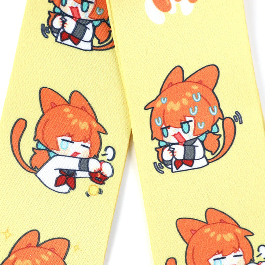 Custom yellow wide lanyard with cute orange cat anime character illustrations