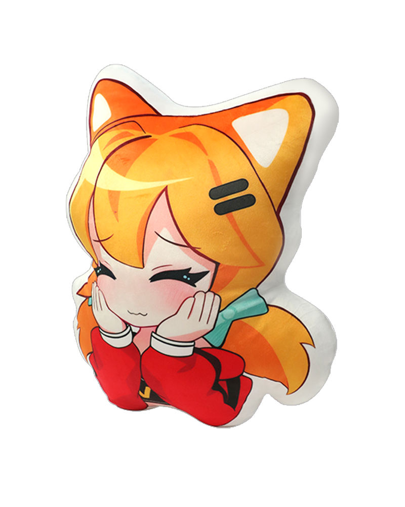Anime girl fox ears custom throw pillow, orange hair, cute chibi style, promotional merchandise