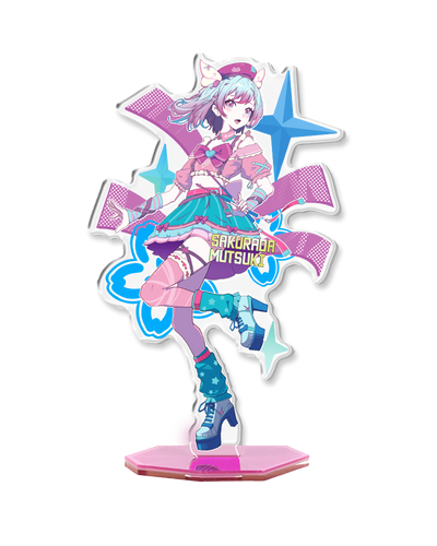 Colorful anime acrylic standee of girl in pastel outfit with blue hair and cat ears