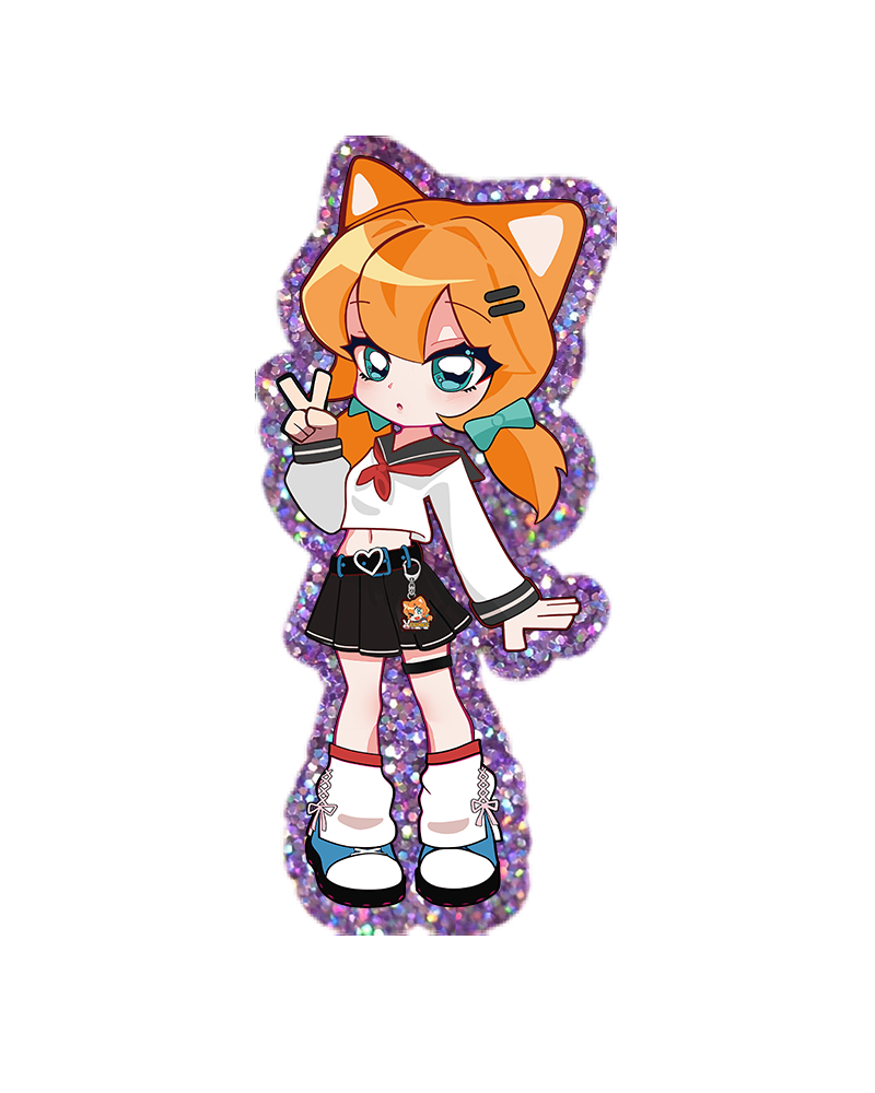 Anime-style cat girl acrylic charm with orange hair, black skirt, and glitter border