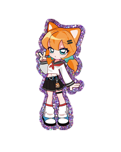 Anime-style cat girl acrylic charm with orange hair, black skirt, and glitter border
