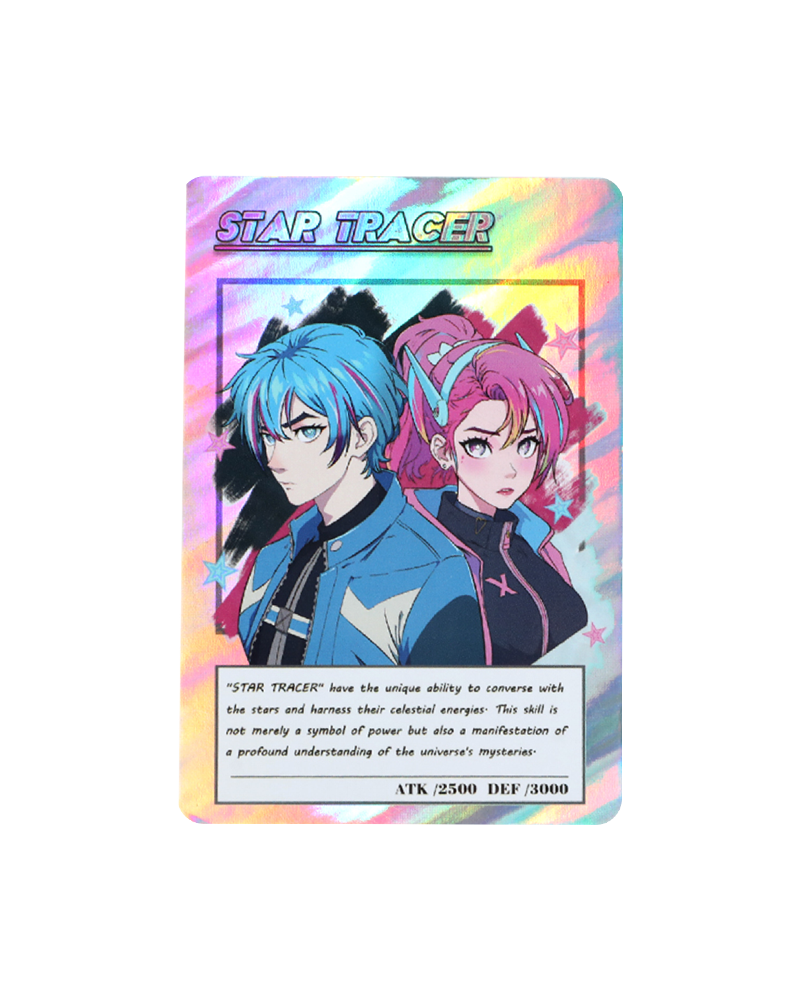 Holographic anime trading card with blue-haired and pink-haired characters, Star Tracer design.
