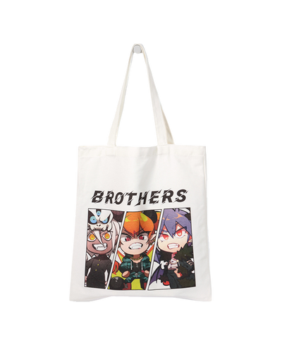 White tote bag with anime-style cartoon brothers print and bold BROTHERS text