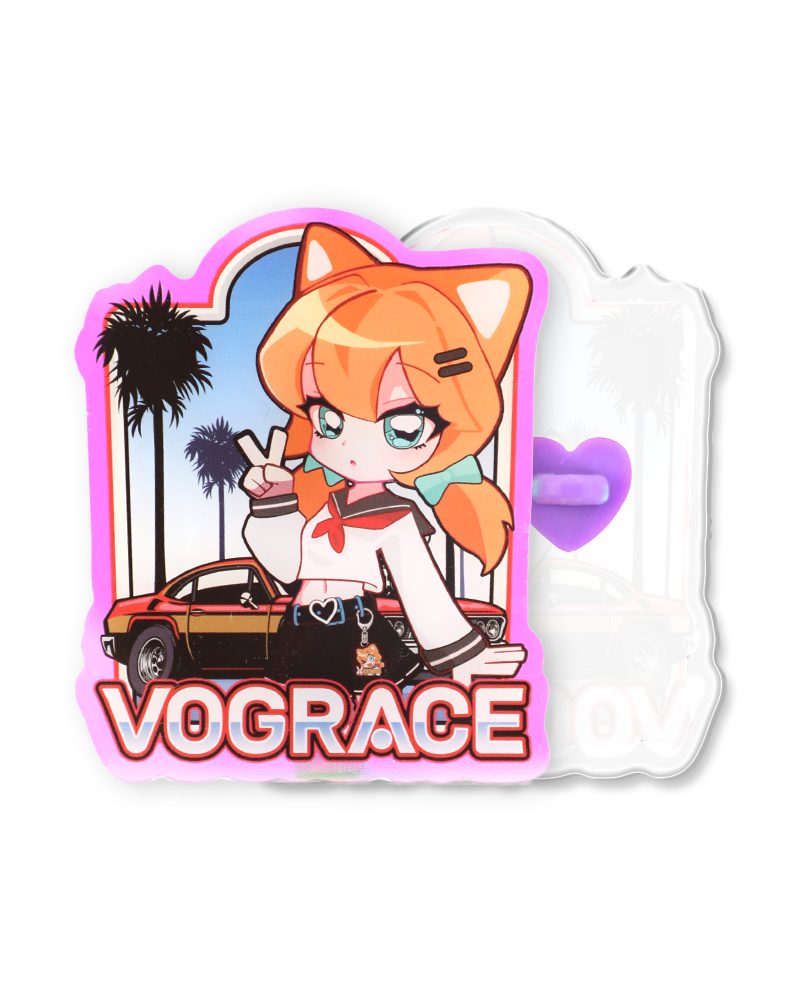 Anime cat girl acrylic standee with orange car, palm trees, and VOGRACE text
