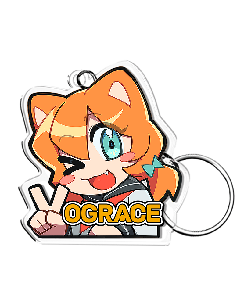 Anime-style acrylic keychain with orange-haired character winking and peace sign