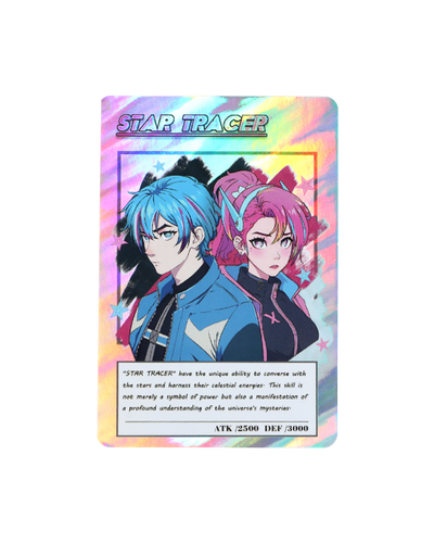 Vograce Product Collections Custom Paper Printed Products Online Art Printing Services Categories Holographic anime trading card with blue-haired and pink-haired characters, Star Tracer design.