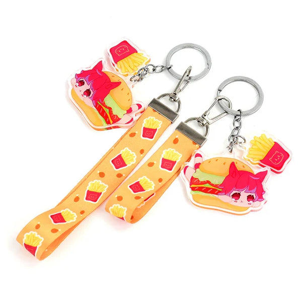 Custom acrylic keychain and lanyard set with anime girl burger and fries design